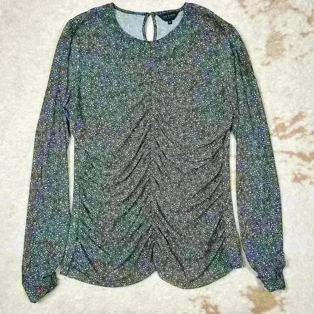 TED BAKER Savannn Floral Ruched Sheer Long Sleeve Top Blouse Black Women 4 Small